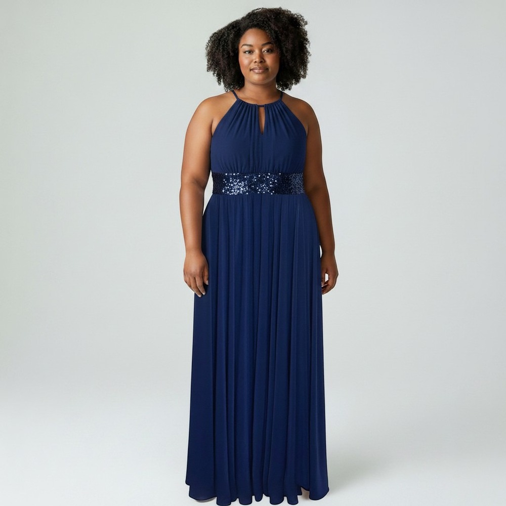 R&M Richards Sequin Empire Waist Halter Maxi Dress 14W Blue Evening Wedding